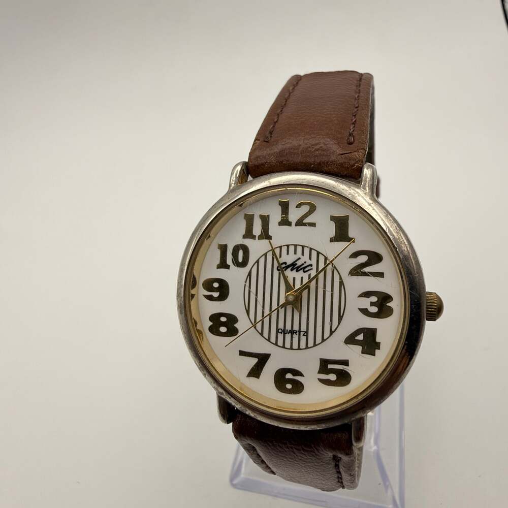 Vintage CHIC Large Numbers Silver Tone Case White Dial Brown Leather Watch